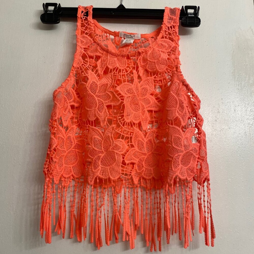 H&M Coachella Lace Overlay Fringe Crop Top Size Small Orange/Coral